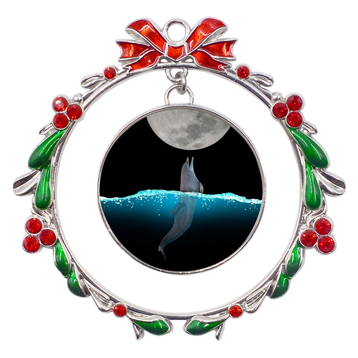 Dolphin Moon Water Metal X mas Wreath Ribbon Ornament