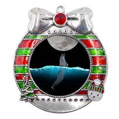 Dolphin Moon Water Metal X mas Ribbon With Red Crystal Round Ornament by Ndabl3x