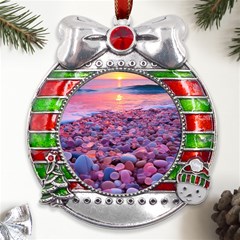 Sea Beach Water Sunset Ocean Metal X mas Ribbon With Red Crystal Round Ornament by Ndabl3x