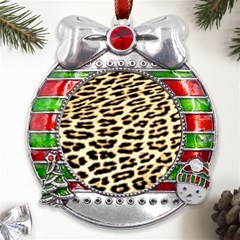 Leopard Print Metal X mas Ribbon With Red Crystal Round Ornament by TShirt44