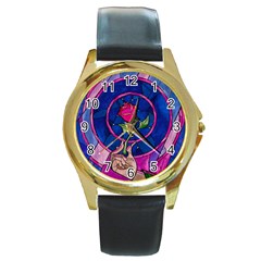 Enchanted Rose Stained Glass Round Gold Metal Watch by Cendanart