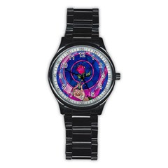 Enchanted Rose Stained Glass Stainless Steel Round Watch by Cendanart