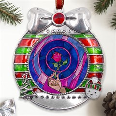 Enchanted Rose Stained Glass Metal X mas Ribbon With Red Crystal Round Ornament by Cendanart