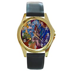 Castle Building Stained Glass Round Gold Metal Watch by Cendanart