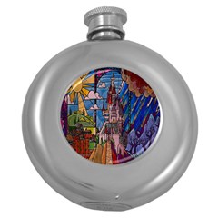 Castle Building Stained Glass Round Hip Flask (5 Oz) by Cendanart