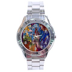 Castle Building Stained Glass Stainless Steel Analogue Watch by Cendanart