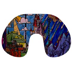 Castle Building Stained Glass Travel Neck Pillow by Cendanart