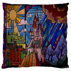 Castle Building Stained Glass Large Premium Plush Fleece Cushion Case (two Sides) by Cendanart