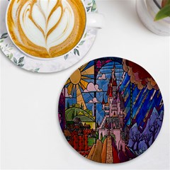 Castle Building Stained Glass Uv Print Round Tile Coaster by Cendanart