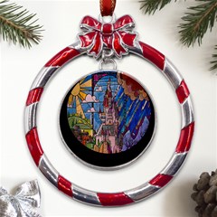 Castle Building Stained Glass Metal Red Ribbon Round Ornament by Cendanart