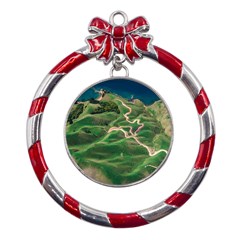 Coast Aerial View Beautiful Landscape Nature Ocean Road Graphy Aerial Coast Drone Metal Red Ribbon Round Ornament by Bedest