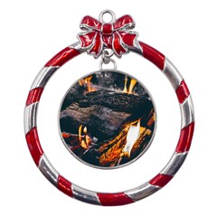 Wood Fire Camping Forest On Metal Red Ribbon Round Ornament