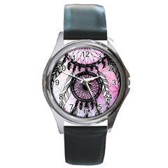 Dream Catcher Art Feathers Pink Round Metal Watch by Bedest