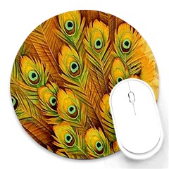 Peacock Feathers Green Yellow Round Mousepad by Bedest