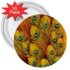 Peacock Feathers Green Yellow 3  Buttons (10 Pack)  by Bedest