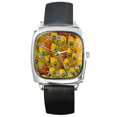 Peacock Feathers Green Yellow Square Metal Watch by Bedest