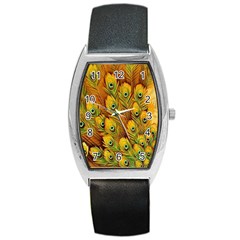 Peacock Feathers Green Yellow Barrel Style Metal Watch by Bedest