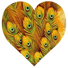 Peacock Feathers Green Yellow Wooden Puzzle Heart