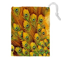 Peacock Feathers Green Yellow Drawstring Pouch (5xl) by Bedest