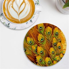 Peacock Feathers Green Yellow Uv Print Round Tile Coaster by Bedest