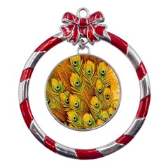 Peacock Feathers Green Yellow Metal Red Ribbon Round Ornament