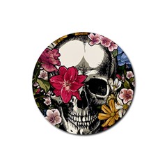 Skull Flowers American Native Dream Catcher Legend Rubber Coaster (round) by Bedest