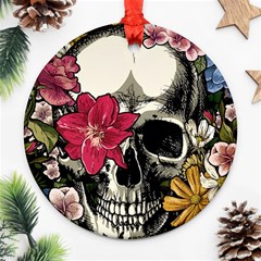 Skull Flowers American Native Dream Catcher Legend Round Ornament (two Sides)