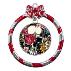 Skull Flowers American Native Dream Catcher Legend Metal Red Ribbon Round Ornament