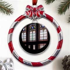 Stained Glass Window Krotoszyn Metal Red Ribbon Round Ornament by Cendanart