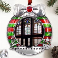 Stained Glass Window Krotoszyn Metal X mas Ribbon With Red Crystal Round Ornament by Cendanart