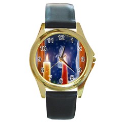 Christmas Lighting Candles Round Gold Metal Watch by Cendanart