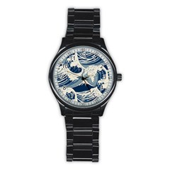 Japanese Wave Pattern Stainless Steel Round Watch by Cendanart