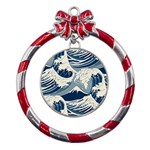 Japanese Wave Pattern Metal Red Ribbon Round Ornament Front