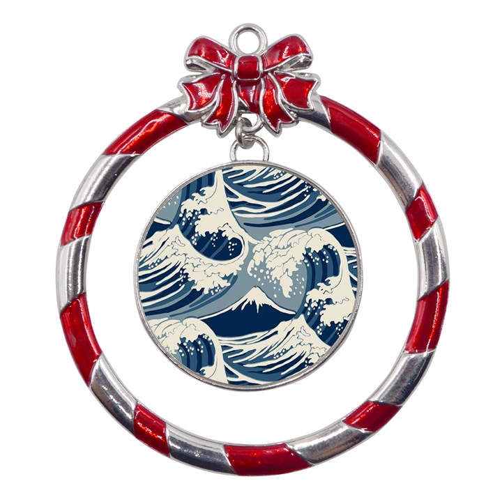 Japanese Wave Pattern Metal Red Ribbon Round Ornament