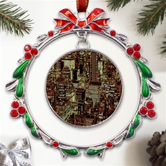 Photo New York City Skyscrapers Metal X mas Wreath Ribbon Ornament by Cendanart