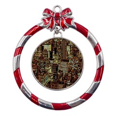 Photo New York City Skyscrapers Metal Red Ribbon Round Ornament by Cendanart