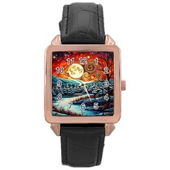 Winter Wonderland Landscape Nature Rose Gold Leather Watch  by Bedest