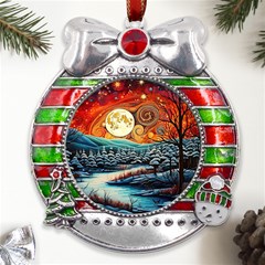 Winter Wonderland Landscape Nature Metal X mas Ribbon With Red Crystal Round Ornament