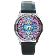 Magenta On Cobalt Arabesque Round Metal Watch by kaleidomarblingart