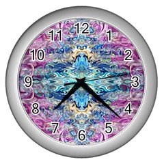 Magenta On Cobalt Arabesque Wall Clock (silver) by kaleidomarblingart