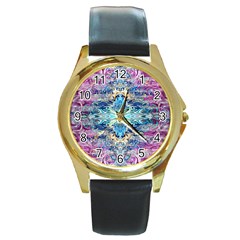 Magenta On Cobalt Arabesque Round Gold Metal Watch by kaleidomarblingart