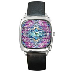 Magenta On Cobalt Arabesque Square Metal Watch by kaleidomarblingart