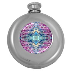 Magenta On Cobalt Arabesque Round Hip Flask (5 Oz) by kaleidomarblingart