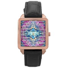 Magenta On Cobalt Arabesque Rose Gold Leather Watch  by kaleidomarblingart