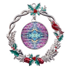 Magenta On Cobalt Arabesque Metal X mas Wreath Holly Leaf Ornament by kaleidomarblingart