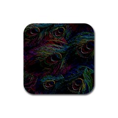 Peacock Feather Paradise Rubber Square Coaster (4 Pack) by Cendanart