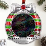 Peacock Feather Paradise Metal X Mas Ribbon With Red Crystal Round Ornament Front