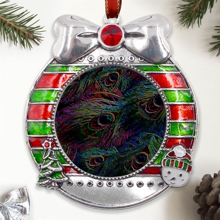 Peacock Feather Paradise Metal X Mas Ribbon With Red Crystal Round Ornament