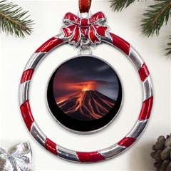 Volcanic Eruption Metal Red Ribbon Round Ornament by Proyonanggan