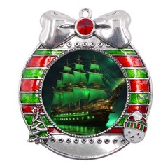 Ship Sailing Metal X mas Ribbon With Red Crystal Round Ornament by Proyonanggan